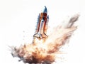 Dynamic Illustration of rocket launch with flames, in the style of semi-realistic pencil and aquarelle isolated on white