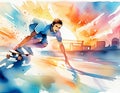 Dynamic illustration of a skater in mid-air, with a vivid cityscape and energetic splashes of color