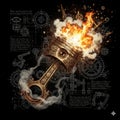 A dynamic illustration of a steampunk engine piston exploding with fire, smoke, and gears. This detailed artwork Royalty Free Stock Photo