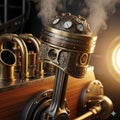 A dynamic illustration of a steampunk engine piston exploding with fire, smoke, and gears. This detailed artwork Royalty Free Stock Photo
