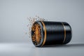 A dynamic image of a black container spilling coffee granules showcasing motion and texture on a gray background