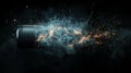 A dynamic image of a black flashlight emitting sparks and smoke, showcasing a blend of light and energy in a dark environment Royalty Free Stock Photo