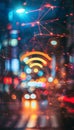 Dynamic image of blurred lights and wi fi symbol highlighting seamless iot and cloud connectivity