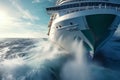 A dynamic image of the bow of a cruise ship cutting through waves, capturing the power and motion of the ship as it plows through