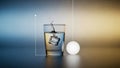 Ice cube falling into a glass of water with a glowing sphere and line art against a gradient background Royalty Free Stock Photo