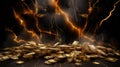 This dynamic image captures the intense moment of a lightning strike over towering stacks of golden coins, symbolizing