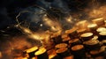 This dynamic image captures the intense moment of a lightning strike over towering stacks of golden coins, symbolizing