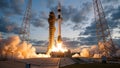 Igniting the Cosmic Journey: Spectacular Rocket Launch at Dawn Royalty Free Stock Photo