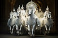 A dynamic image capturing a group of men riding on the backs of majestic white horses., A royal chariot led by white horses, AI