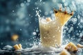 Pina Colada cocktail splash with pineapple pieces on a radiant navy backdrop Royalty Free Stock Photo