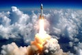 A dynamic image capturing the powerful liftoff of a satellite rocket into space, with billowing smoke and fiery engines.