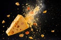 Dynamic Image of a Cheddar Cheese Wedge Exploding Against a Black Background - generated by ai