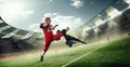 Dynamic image of competitive sportsmen, american football players in uniform, in motion during game at 3D stadium with