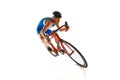 Dynamic image of concentrated man, athlete, cyclist on motion riding on bike on white studio background