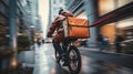 Fast food delivery cyclist speeding through urban street Royalty Free Stock Photo