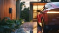scene depicting a generic ev hybrid car charging at a residential house