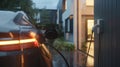 generic ev hybrid car being powered up via wallbox at a modern residential house