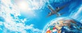 Airplane soaring above the globe with international flags and blue sky Royalty Free Stock Photo