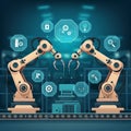 AI-Generated Image: Robotic Arms Operating on Conveyor Belt with Data Icons Royalty Free Stock Photo