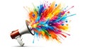 A dynamic image featuring a megaphone ejecting an explosive array of colorful paint splashes.