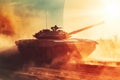 A dynamic image featuring a military tank in action, skillfully combined with an overlay of sun