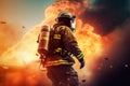 Dynamic image firefighter action in fire flames. Generate ai