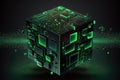 dynamic image of green and black Matrix code forming a three-dimensional cube with a glowing neon outline