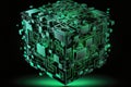 dynamic image of green and black Matrix code forming a three-dimensional cube with a glowing neon outline