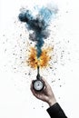 A dynamic image of a hand holding a stopwatch triggering an explosion of color and smoke symbolizing urgency and action Royalty Free Stock Photo