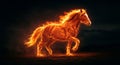 A dynamic image of a horse enveloped in bright flames against a dark
