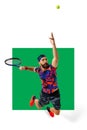 Dynamic image of man, tennis player during game, jumping and hitting ball with racket isolated over white background Royalty Free Stock Photo