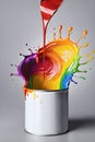 A dynamic image of multicolored paint splashing out of a white can against a neutral gray background