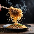 A dynamic image of noodles being elegantly lifted by chopsticks, emphasizing texture and aroma.