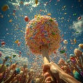 A dynamic image of an oversized candy pop surrounded by exploding sprinkles, evoking fun, indulgence, and celebration -
