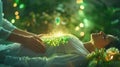 Dynamic image of a Reiki healer's hands hovering above a client's body, with a hovering jade crystal focusing on