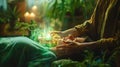Dynamic image of a Reiki healer's hands hovering above a client's body, with a hovering jade crystal focusing on