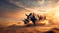 Majestic rhino charging across a desert at sunset. wildlife power and beauty captured. inspirational animal landscape Royalty Free Stock Photo