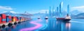 Neon Trails Illuminate Futuristic Maritime Trade Hub Royalty Free Stock Photo
