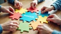 A dynamic image showing hands assembling colorful puzzle pieces on a wooden table, forming a diagram labeled Success at the center