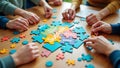 A dynamic image showing hands assembling colorful puzzle pieces on a wooden table, forming a diagram labeled Success at the center