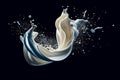 A dynamic image of a splash of milk forming a beautiful abstract pattern against a black background. Generative AI