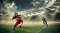 Dynamic image of sportsmen, american football players in uniform, in motion during game running at 3D stadium with ball.