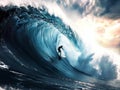 Dynamic image of a surfer skillfully riding a massive ocean wave, capturing the thrill and adventure of surfing Royalty Free Stock Photo