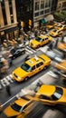 A dynamic image of a yellow taxi cab driving on a busy street in New York City, capturing the essence of urban life and travel Royalty Free Stock Photo