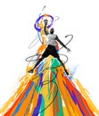 Dynamic image of young african man, basketball player in motion, throwing ball with hand and wins. Creative art collage.