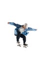 Dynamic image of young man in casual clothes in motion, training, skateboarding over white background
