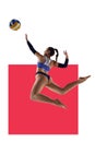 Dynamic image of young woman, beach volleyball player in motion during game, hitting ball over white background with red Royalty Free Stock Photo