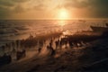 A dynamic impactful image capturing the chaos and bravery of the soldiers storming the beaches of Normandy during the intense D-