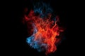 Dynamic interplay of blue and red fire isolated against a black background