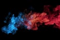 Dynamic interplay of blue and red fire isolated against a black background